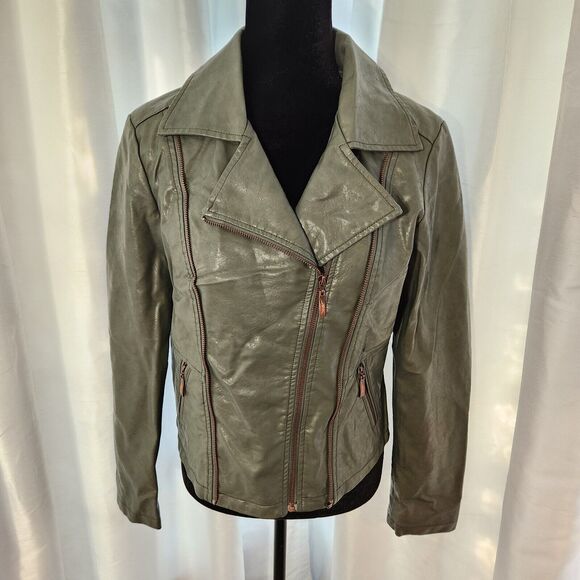 MONTANACO Faux Leather Jacket Womens Small Olive Green Moto Motorcycle Coat - Picture 1 of 11